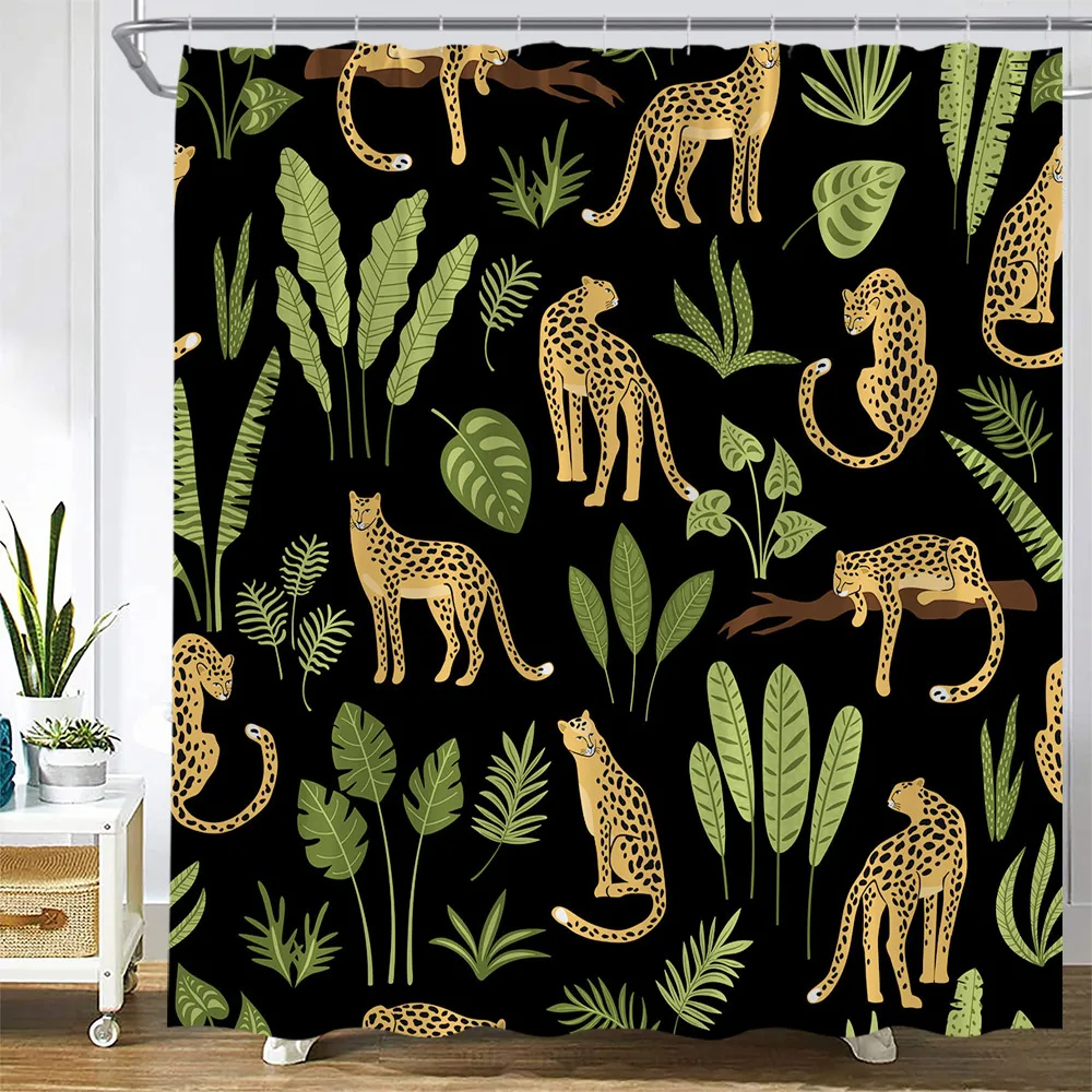 

Тропическая леопардовая занавеска для душа s, джунгли, растения, Пальмовые Листья, зеленые листья, зернистая занавеска из полиэстера, набор для декора ванной комнаты с крючками