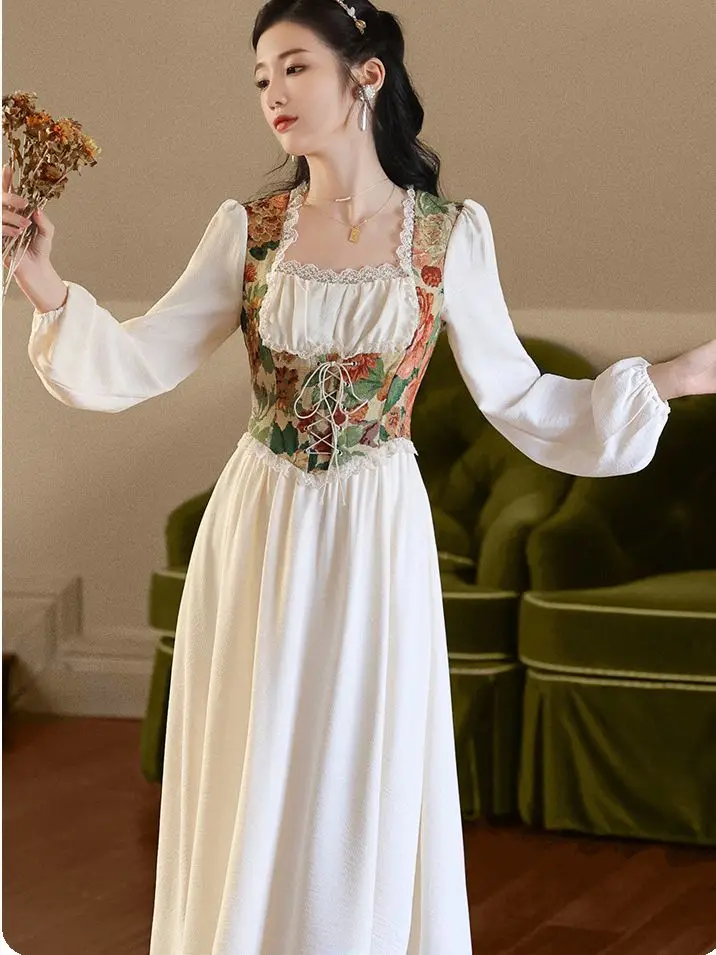 

Женское платье в викторианском стиле Coolfel, готическое кружевное платье в стиле «лолита» с цветочным принтом и завышенной талией, платье при...