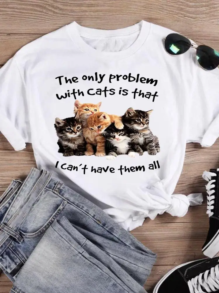 Футболка женская с коротким рукавом и круглым вырезом, Модный повседневный топ с мультяшным принтом и надписью кошки, на лето
Футболка женская с коротким рукавом и круглым вырезом, Модный повседневный топ с мультяшным принтом и надписью кошки, на лето