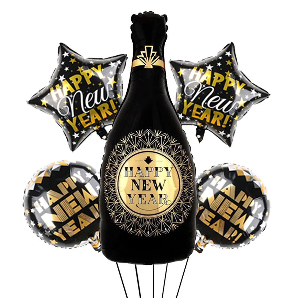 

5pcs Happy New Years Eve Balloons Star Champagne Bottle Balloons and Round Foil Balloons for New Years Eve Party Decorations
