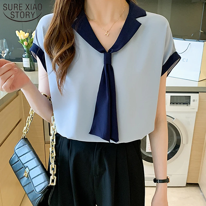 New Office V Neck Elegant Women's Shirt with Bow Fashion Short Sleeve Summer Blouse Women Tops Chiffon Clothing Blusas 15072 
New Office V Neck Elegant Women's Shirt with Bow Fashion Short Sleeve Summer Blouse Women Tops Chiffon Clothing Blusas 15072