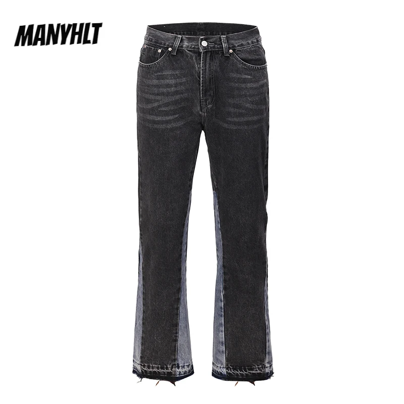 

High Street Washed Color Match Frayed Micro-flared Jeans Hip Hop Mens Straight Spliced Retro Loose Casual Denim Pants Trousers
