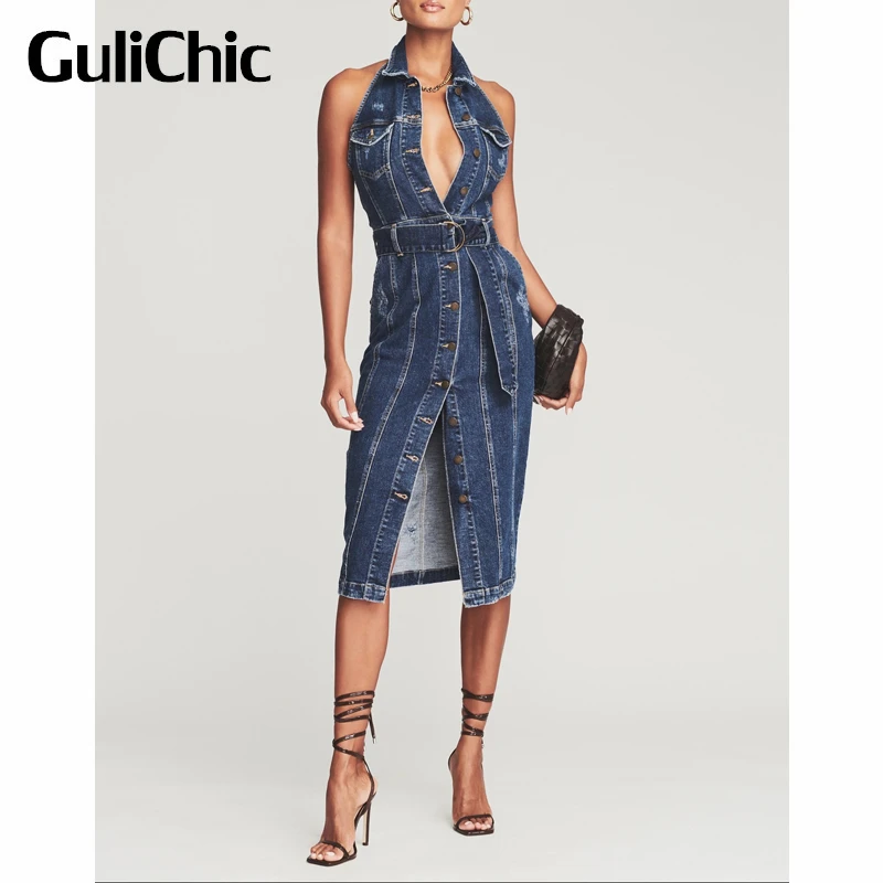 5.12 GuliChic Women Halter Neck Backless Single Breasted Washed Vintage Sexy Fashion Slim Split Denim Dress With Belt
5.12 GuliChic Women Halter Neck Backless Single Breasted Washed Vintage Sexy Fashion Slim Split Denim Dress With Belt