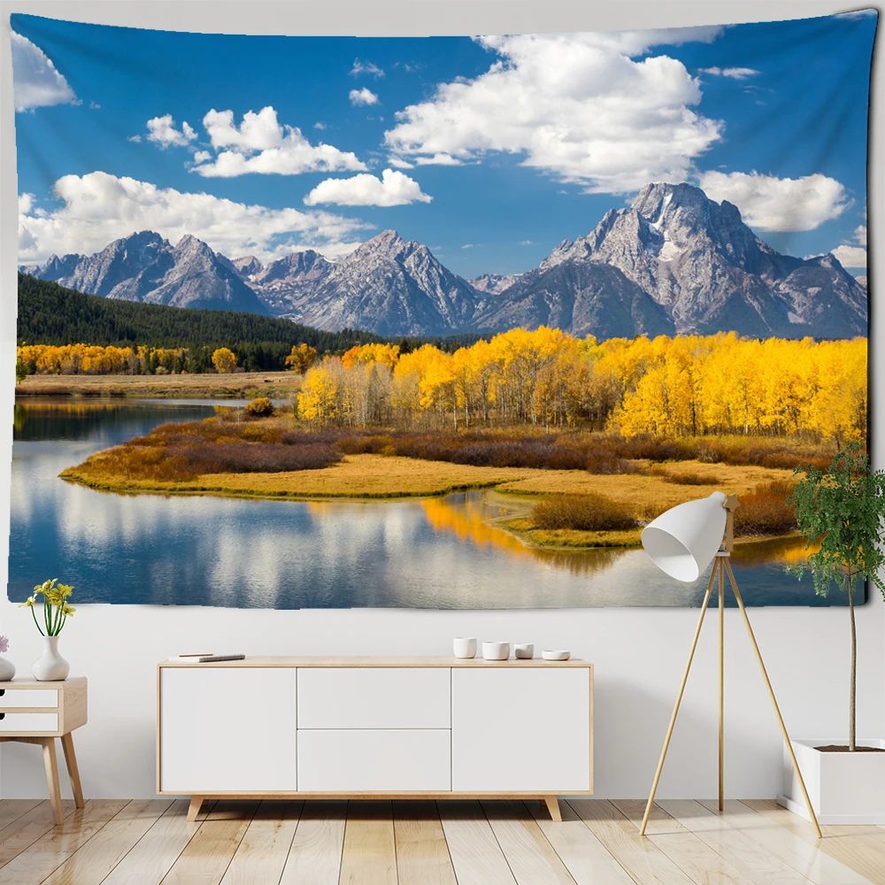 

Tapestry Mountain Rolling Lake Scenery Art Tapestry Golden Forest Wall Hanging Hippie Backdrop Dorm Living Room Home Decoration