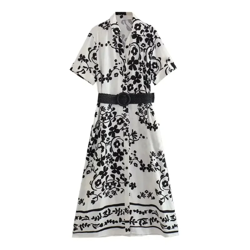 TRAF Printed Shirtdress For Women V-Neck Lapel Collar Front Patch Pockets Front Button Closure With Belt Short Sleeves Dress
TRAF Printed Shirtdress For Women V-Neck Lapel Collar Front Patch Pockets Front Button Closure With Belt Short Sleeves Dress