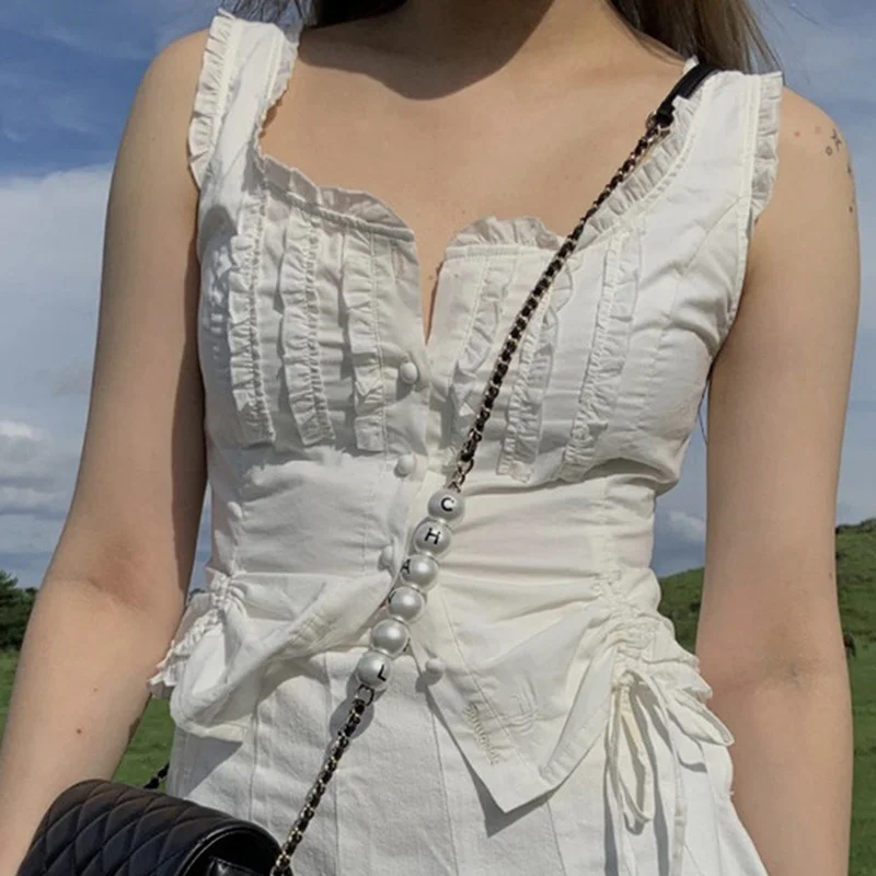 New Summer Pure White Sleeveless Vest-style Lace-up Round Neck Lace Drawstring Y2k Top with A T-shirt Inside and A Bottom 2021
New Summer Pure White Sleeveless Vest-style Lace-up Round Neck Lace Drawstring Y2k Top with A T-shirt Inside and A Bottom 2021