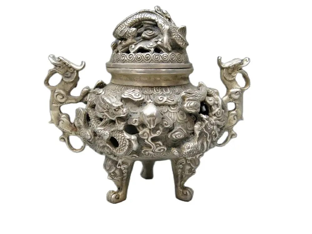 

15CM China silver handwork carved beautiful censer nine dragon incense burner Statue