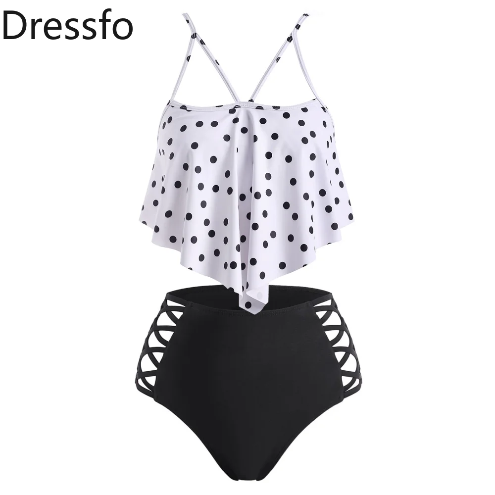 

Dressfo Polka Dot Print Tummy Control Shorts Swimsuit Strappy Flounce Overlay Criss Cross Tankini Swimwear Bikini Set Women 2023