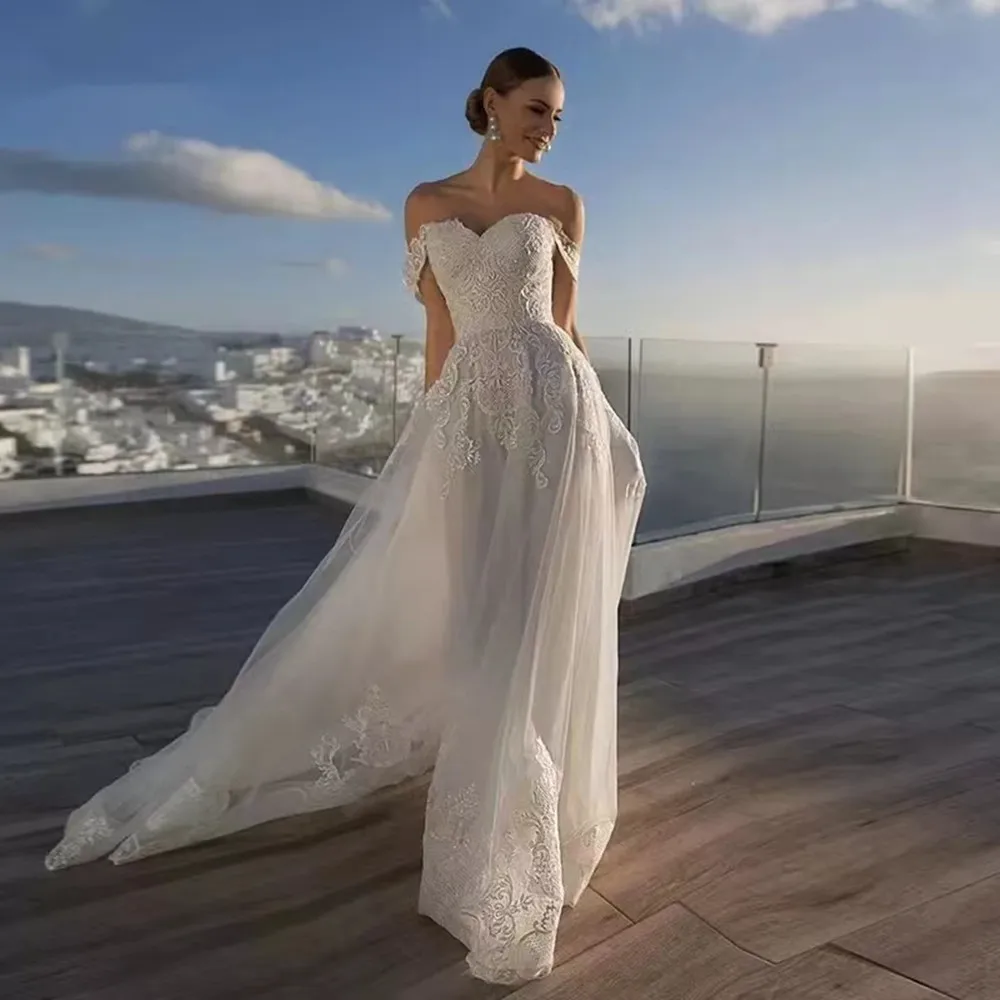 Classic Wedding Dress Off The Shoulder Lace Appliqués Tulle Elegant Summer Ball Pageant Bride Dress Vestido de novia
Classic Wedding Dress Off The Shoulder Lace Appliqués Tulle Elegant Summer Ball Pageant Bride Dress Vestido de novia