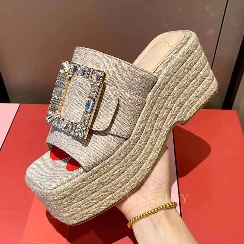 Thick Sole Wedges High Heel Slippers Women Suede Rhinestone Square Button Decor Platform Sandals Summer Sexy Party Shoes 2022 
Thick Sole Wedges High Heel Slippers Women Suede Rhinestone Square Button Decor Platform Sandals Summer Sexy Party Shoes 2022