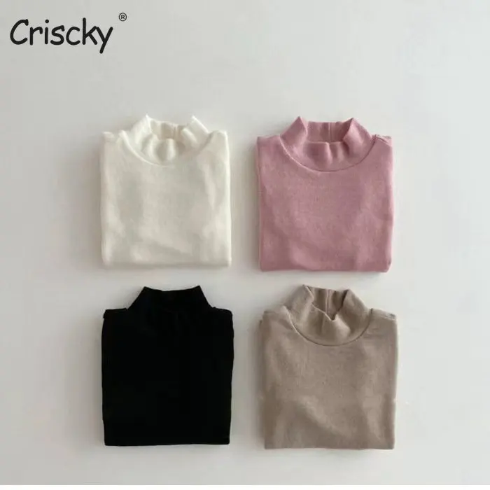 

Criscky Kid Infant Toddler Clothes Solid Long Sleeve Baby Girl T-shirt 2023 Spring Turtleneck Cotton Child Bottoming Shirt