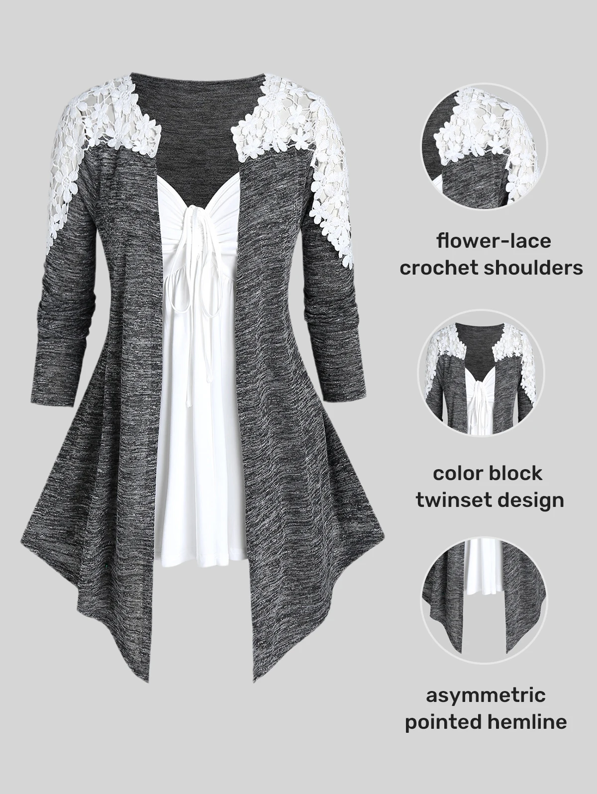 

ROSEGAL Women Top,Vest Two Piece Set 4XL Space Dye Lace Panel Open Front Long Sleeve Collarless Cardigan And White Cinched Tanks