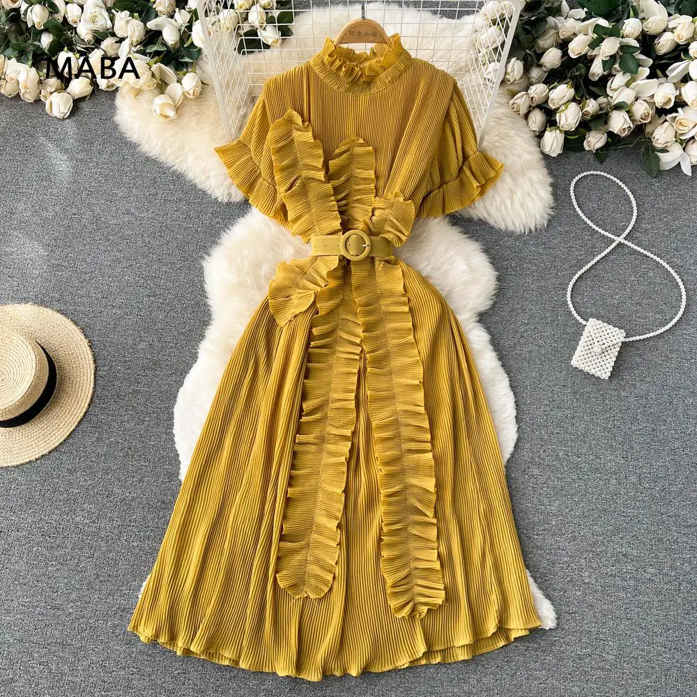 Summer Women Pleated Midi Dress Purple/Red/White Stand Collar Short Flare Sleeve High Waist A-Line Ruffle Party Vestidos Female
Summer Women Pleated Midi Dress Purple/Red/White Stand Collar Short Flare Sleeve High Waist A-Line Ruffle Party Vestidos Female