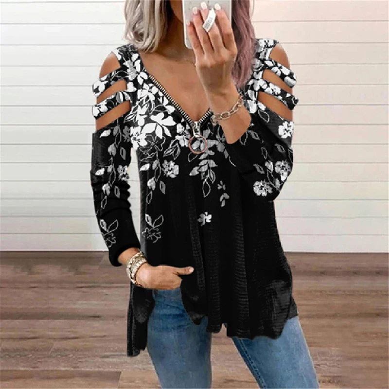 Summer Hollow V-neck T-shirt For Women Zipper Pullover Printing Long-sleeved Loose T-shirt Ladies' Sexy Tops
Summer Hollow V-neck T-shirt For Women Zipper Pullover Printing Long-sleeved Loose T-shirt Ladies' Sexy Tops