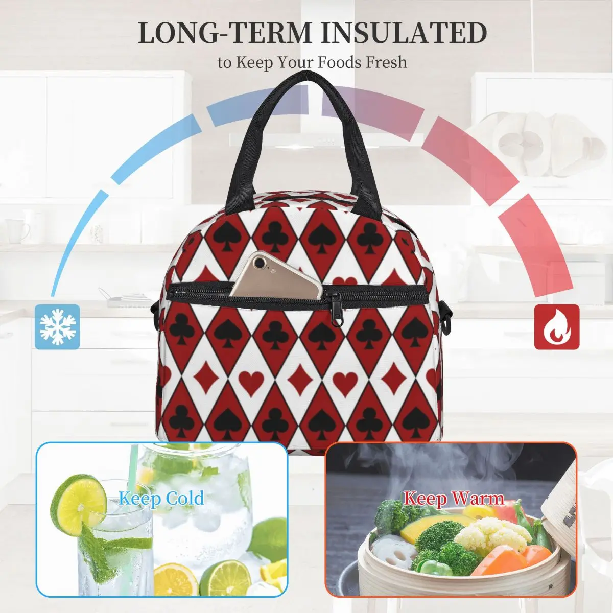 Funny Poker Print Lunch Bag with Handle Argyle Card Suits Camping Cooler Bag Cooling Pearl Cotton Elegant Thermal Bag
Funny Poker Print Lunch Bag with Handle Argyle Card Suits Camping Cooler Bag Cooling Pearl Cotton Elegant Thermal Bag
