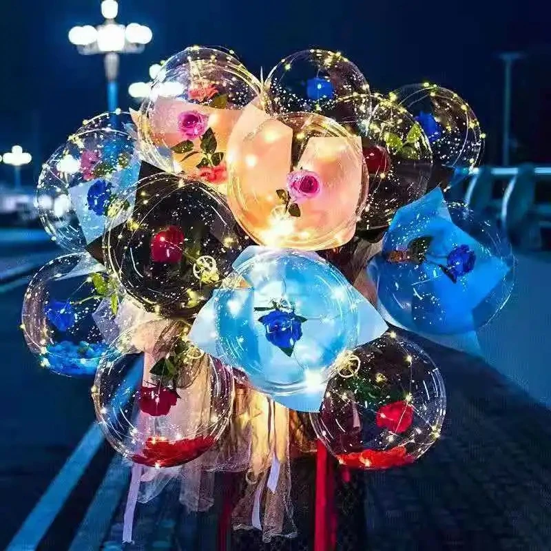 

LED Rose Flower Balloon Luminous Artificial Bouquet Transparent Bobo Balloons Set Anniversary Gift Wedding Party Decors