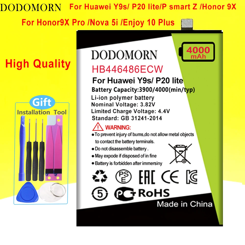 Аккумулятор DODOMORN HB446486ECW для телефона Huawei Y9s/P20 lite 2019/P smart Z/Honor 9X/Honor9X Pro/Nova 5i /Enjoy 10 Plus
Аккумулятор DODOMORN HB446486ECW для телефона Huawei Y9s/P20 lite 2019/P smart Z/Honor 9X/Honor9X Pro/Nova 5i /Enjoy 10 Plus