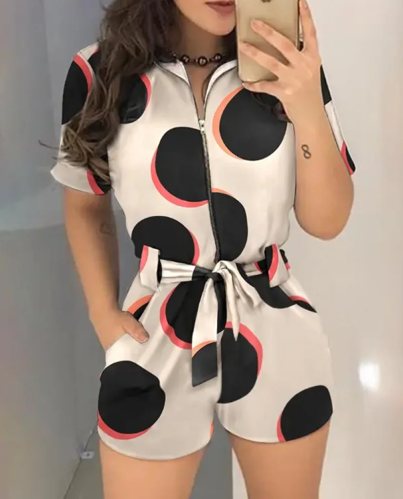 

2022 Summer New Short Sleeve Jumpsuits Fashion Zip Pocket Playsuits Casual Polka Dot Print Zip Front Belted Romper Women