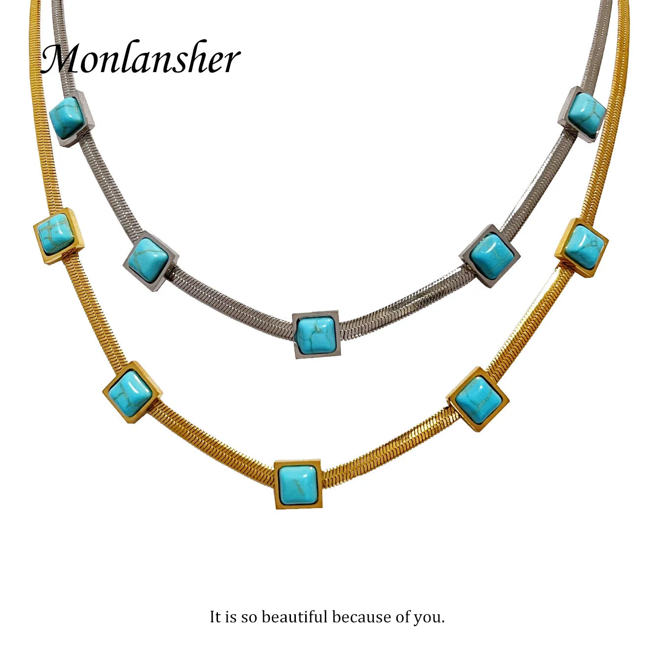 Monlansher Boho Turquoise Stone Herringbone Chain Necklace Women 18 K Pvd Plated Stainless Steel Square Charm Choker Necklaces
Monlansher Boho Turquoise Stone Herringbone Chain Necklace Women 18 K Pvd Plated Stainless Steel Square Charm Choker Necklaces