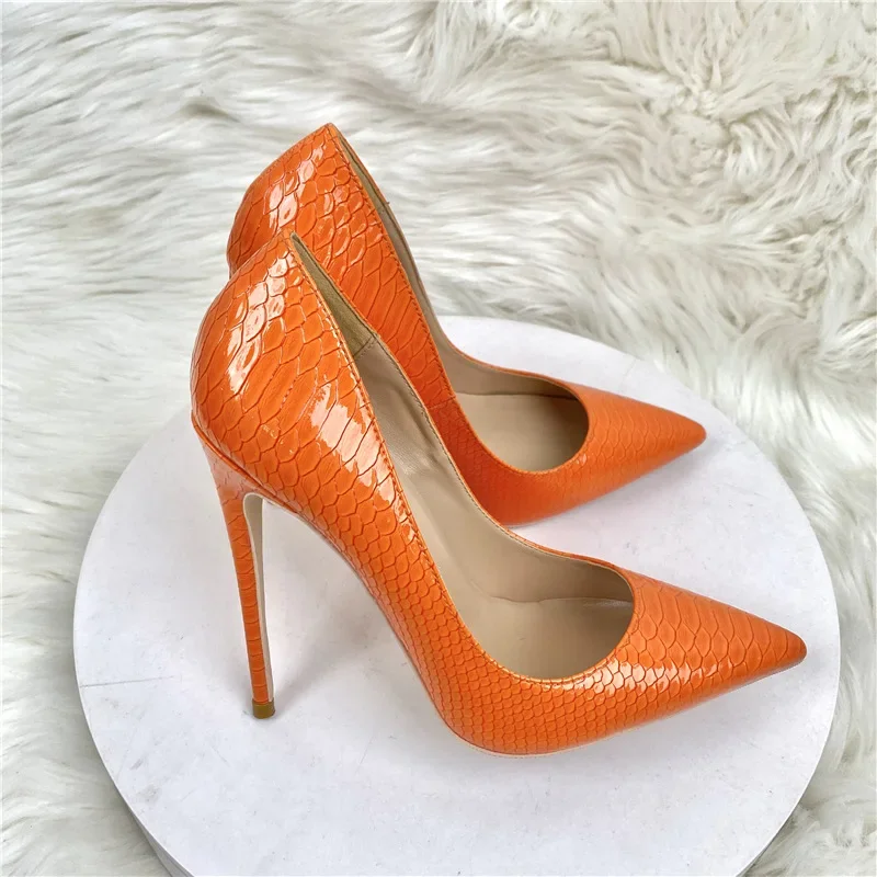 

Shiny Orange Crocodile Effect Women Pointy Toe High Heel Shoes for Party Gorgeous Dress Stiletto Pumps Plus Size 44 45