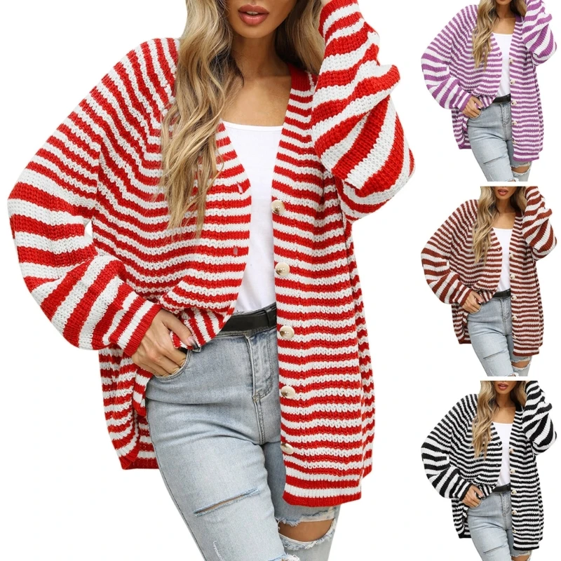 

Womens Colorblock Striped Ribbed Knit Cardigan Autumn V-Neck Long Sleeve Button Down Casual Loose Sweater Jackets Coat