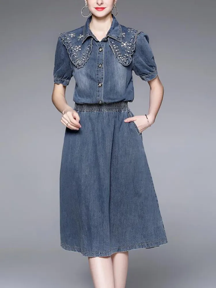 SMTHMA Women 2022 New Summer Elegant Denim Dress Short Sleeve Office Chic Femme Vintage Designer Runway Dress Vestidos
SMTHMA Women 2022 New Summer Elegant Denim Dress Short Sleeve Office Chic Femme Vintage Designer Runway Dress Vestidos