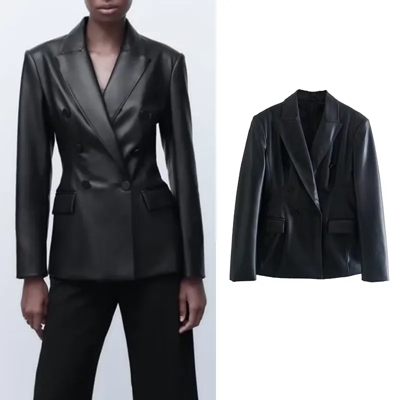 Autumn 2022 Women Black Faux Leather Double Breasted Blazer Long Sleeve Pockets Jacket Coat Female England Style Slim Tops
Autumn 2022 Women Black Faux Leather Double Breasted Blazer Long Sleeve Pockets Jacket Coat Female England Style Slim Tops