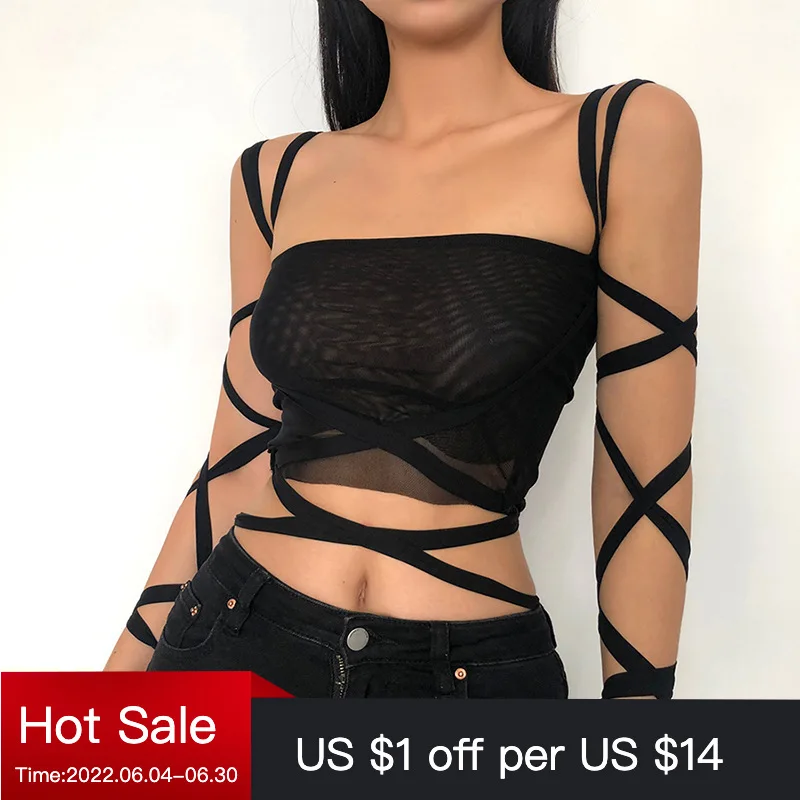 Gothic Fashion Women Black Mesh Tied Bandage Crop Top Y2K Sexy Clothing Fairy Grunge Aesthetic High Street Clubwear Outerwear
Gothic Fashion Women Black Mesh Tied Bandage Crop Top Y2K Sexy Clothing Fairy Grunge Aesthetic High Street Clubwear Outerwear