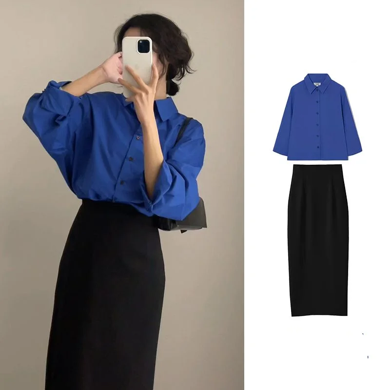 Summer Professional Style Outfits 2023 New Style Elegant Exquisite Klein Blue Shirt Wrapped Waist Skirt Two Piece Set for Women 
Summer Professional Style Outfits 2023 New Style Elegant Exquisite Klein Blue Shirt Wrapped Waist Skirt Two Piece Set for Women