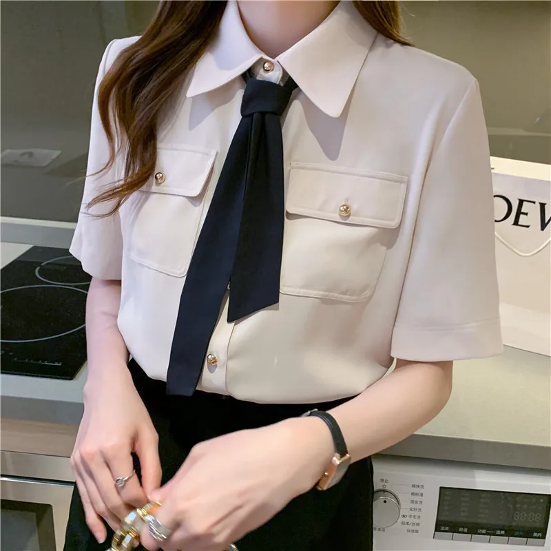 Summer Women's Blouse Short Sleeve Top Korean Fashion Bow Tie Chiffon Casual Solid Color Loose Polo Shirt Houthion
Summer Women's Blouse Short Sleeve Top Korean Fashion Bow Tie Chiffon Casual Solid Color Loose Polo Shirt Houthion