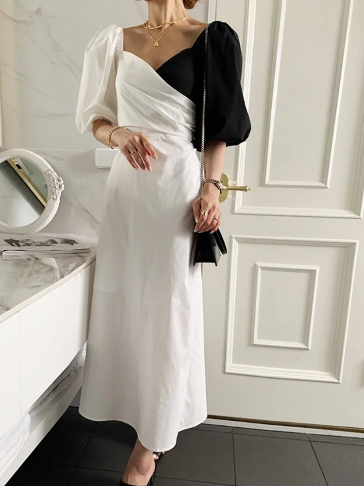 Korean Chic Elegant V-neck Stitching Contrast Lace Up Waist Closing Lantern Sleeve Dress For Women 2022 Summer New N766
Korean Chic Elegant V-neck Stitching Contrast Lace Up Waist Closing Lantern Sleeve Dress For Women 2022 Summer New N766