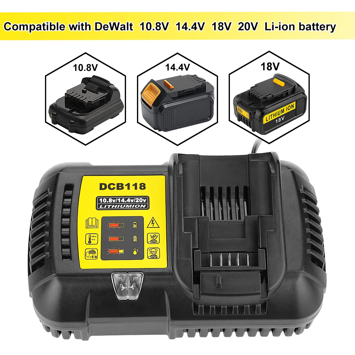 4.5A DCB118 battery charger for Dewalt Battery 10.8V 12V 14.4V 18V 20V DCB200 DCB101 DCB115 DCB107 DCB105 DCB140 &DCB112
4.5A DCB118 battery charger for Dewalt Battery 10.8V 12V 14.4V 18V 20V DCB200 DCB101 DCB115 DCB107 DCB105 DCB140 &DCB112