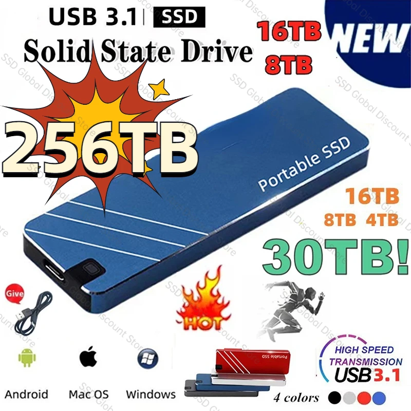 

100% Original Portable 4TB 8TB SSD Type-C/USB3.1 External Mobile Solid State Drive High Speed 16TB Hard Drive Laptop disco duro