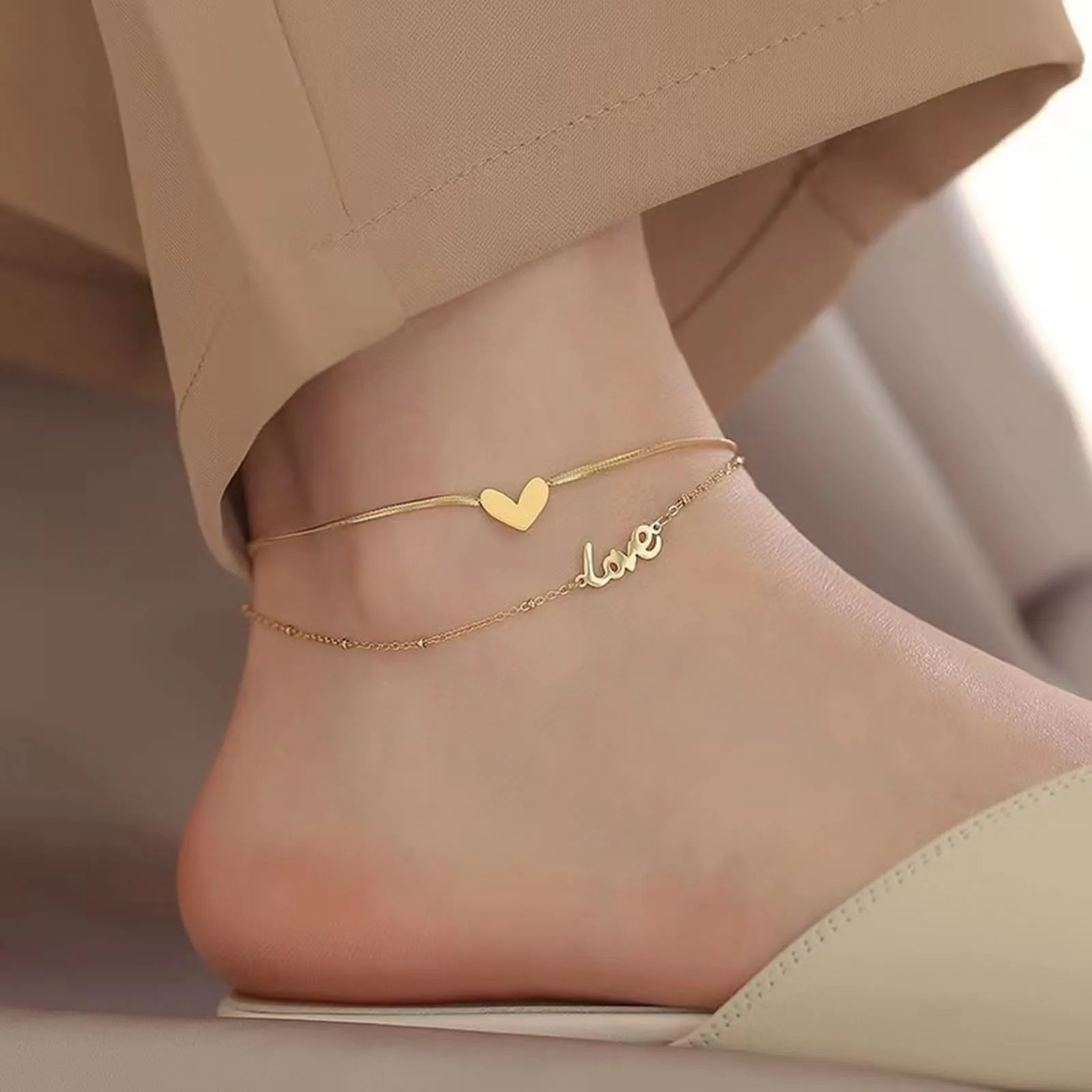 

Stainless Steel Link Chain Multilayer Layered Anklet Gold Color Heart "LOVE" On Foot Ankle Bracelets For Women Leg Chain Jewelry