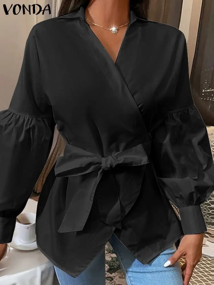 

Fashion Women Lapel Blouse VONDA Solid Color Tops 2023 Autumn Party Shirts Belted Long Sleeve Casual Elegant OL Blusas Femininas