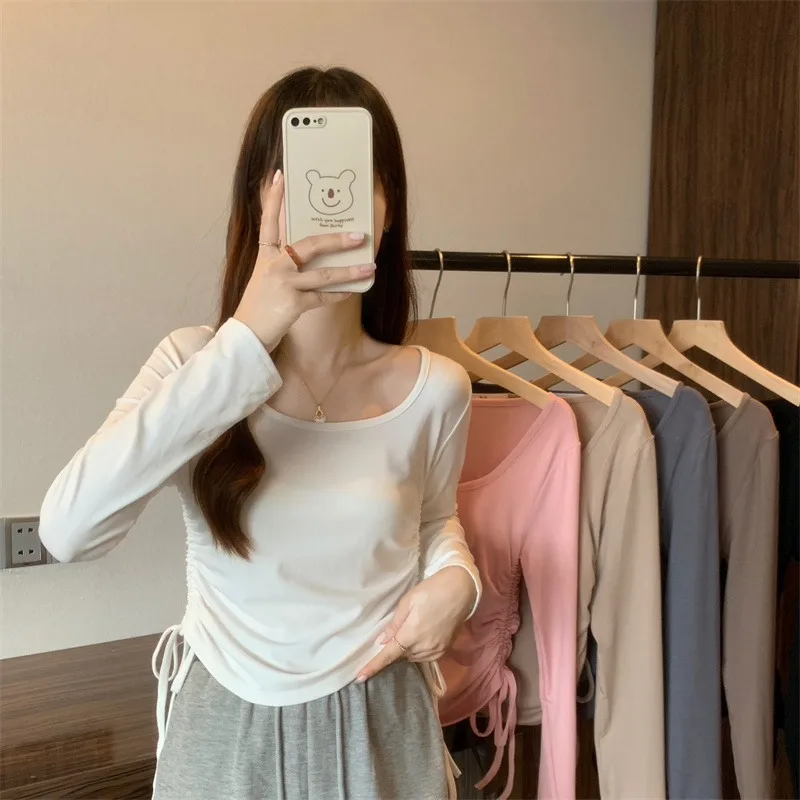 Женская футболка с длинным рукавом, универсальная облегающая футболка с квадратным вырезом и кулиской, осень 2022
Женская футболка с длинным рукавом, универсальная облегающая футболка с квадратным вырезом и кулиской, осень 2022