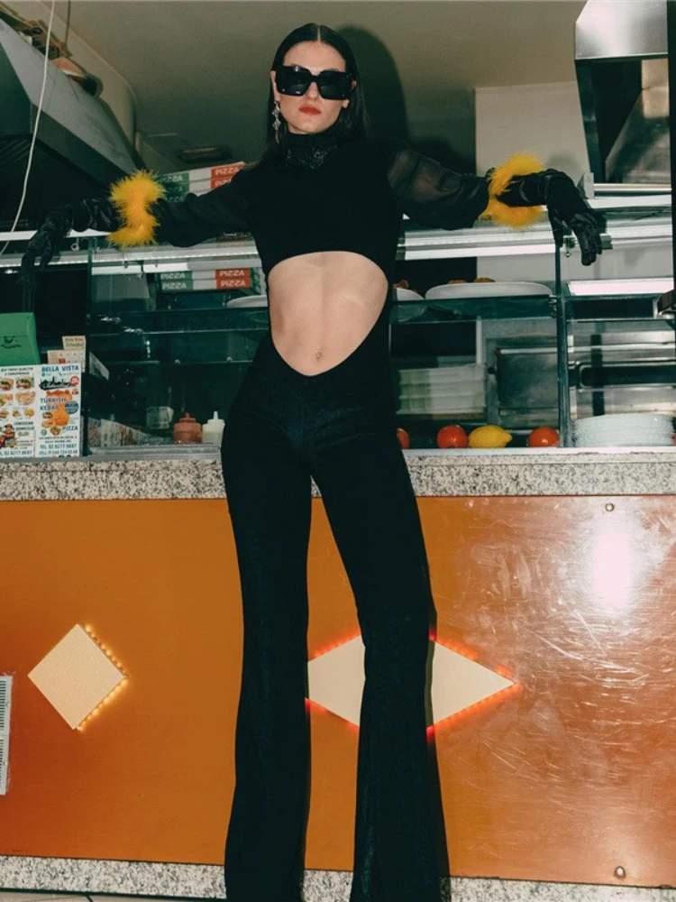 Женский шикарный черный комбинезон, элегантные сексуальные наряды для вечерние НКИ, ночного клуба, сетчатые расклешенные рукава, ажурные Б... 
Женский шикарный черный комбинезон, элегантные сексуальные наряды для вечерние НКИ, ночного клуба, сетчатые расклешенные рукава, ажурные Б...