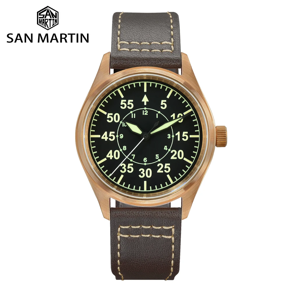 San Martin Bronze Pilot Watch Military YN55A Retro Simple Style Mens Automatic Mechanical Watches Leather Strap 20Bar Luminous
San Martin Bronze Pilot Watch Military YN55A Retro Simple Style Mens Automatic Mechanical Watches Leather Strap 20Bar Luminous
