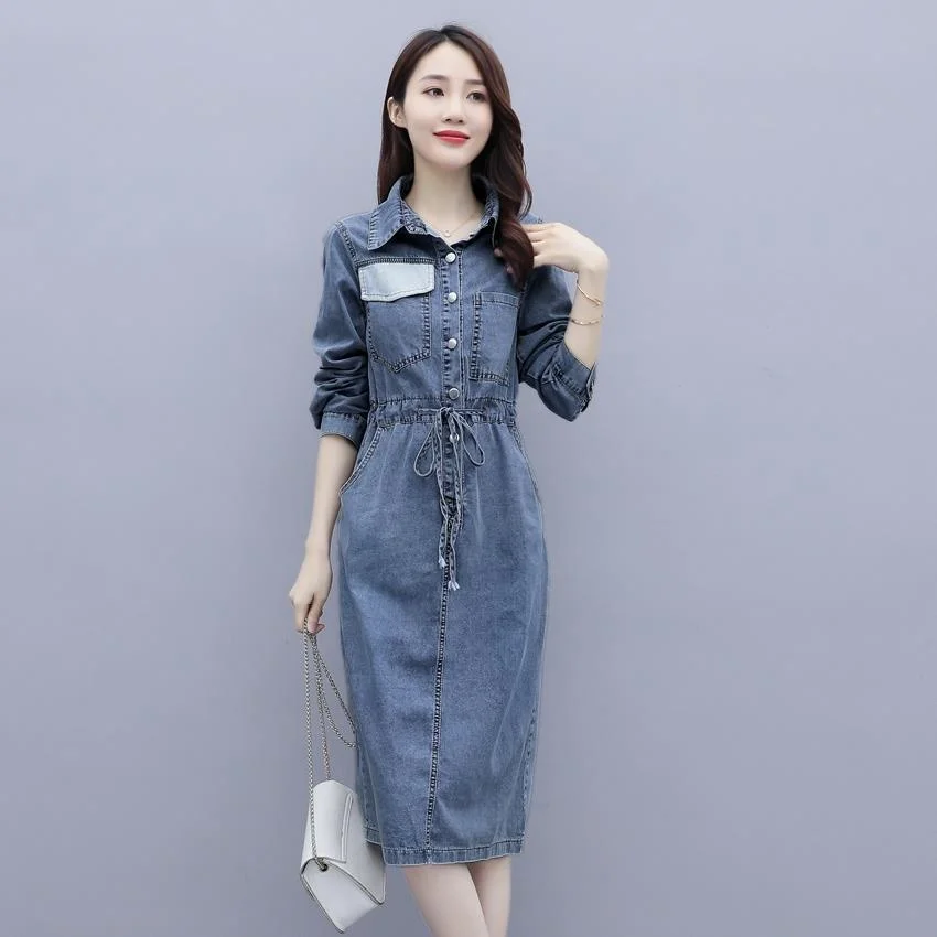 Fashion Jeans Dresses Women Slim Long Sleeve Belt Knee-Length Denim Dresses Solid Office Lady Elegant Buttons Casual Chic Dress
Fashion Jeans Dresses Women Slim Long Sleeve Belt Knee-Length Denim Dresses Solid Office Lady Elegant Buttons Casual Chic Dress
