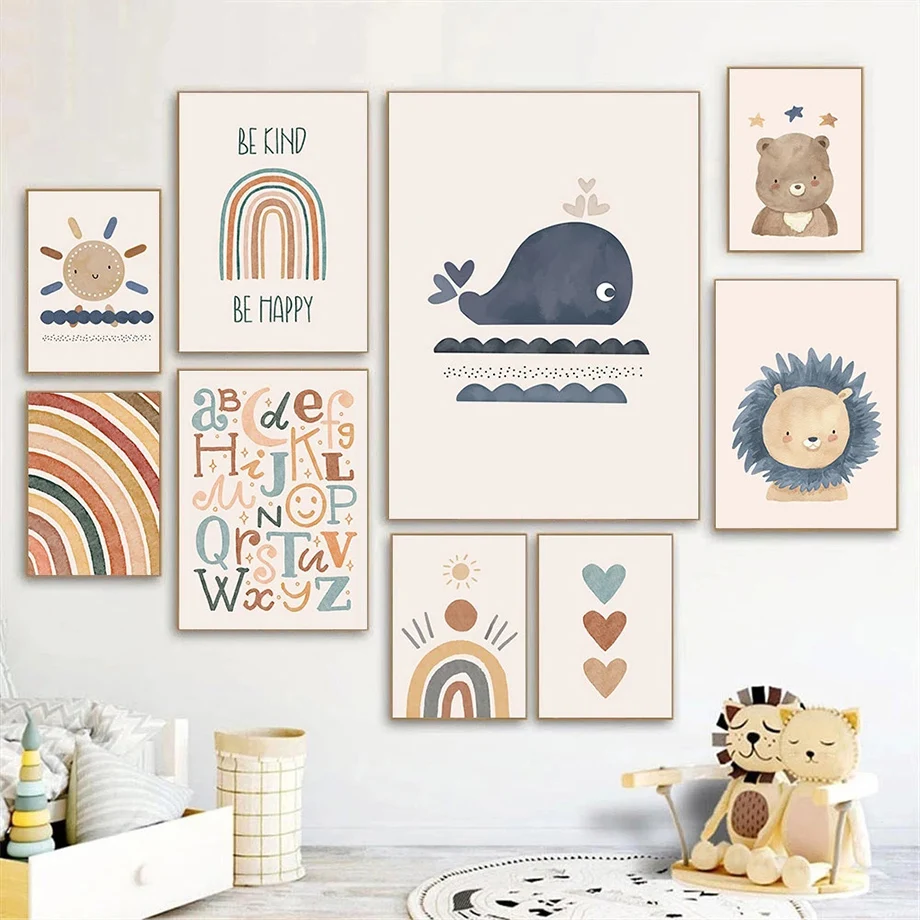 Boho Rainbow Bear ABC Whale Sun Lion Cartoon Pictures Nursery Wall Art Canvas Painting Posters And Prints Children's Room Decor
Boho Rainbow Bear ABC Whale Sun Lion Cartoon Pictures Nursery Wall Art Canvas Painting Posters And Prints Children's Room Decor