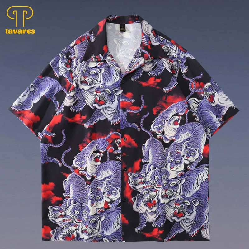 TAVARES Vintage Purple Tiger Print Men's Casual Shirts Summer Short Sleeve Hawaiian Beach Button Shirt Women Oversized Blouses
TAVARES Vintage Purple Tiger Print Men's Casual Shirts Summer Short Sleeve Hawaiian Beach Button Shirt Women Oversized Blouses