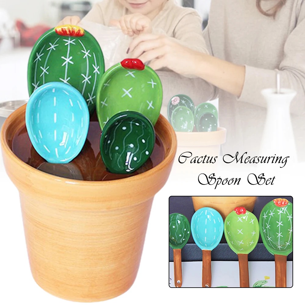 

5-in-1 Measuring Spoons Set Glazed Ceramic Made Creative Cactus Design Cartoon for Dry and Liquid Baking Scales gass