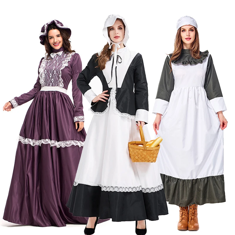 

NEW Carnival Halloween Lady Little House On The Prairie Costume American Pioneer Pilgrim Playsuit Cosplay Fancy Party Dress