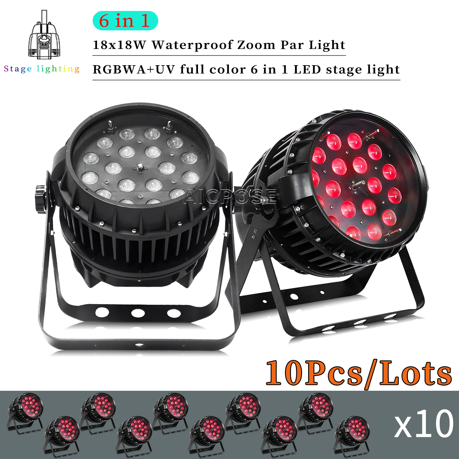 

10Pcs/Lots 18x12W RGBW/18x18W RGBWA+UV 6 in 1 LED Par Light IP65 Waterproof Zoom Stage Light DMX Control DJ Disco Equipment