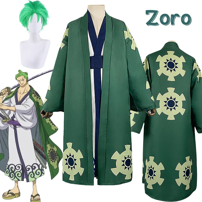 

Anime Roronoa Zoro Cosplay Costume Kimono Robe Cloak Lining Belt Full Set Wano Kuni Country Halloween Carnival Costumes for Men