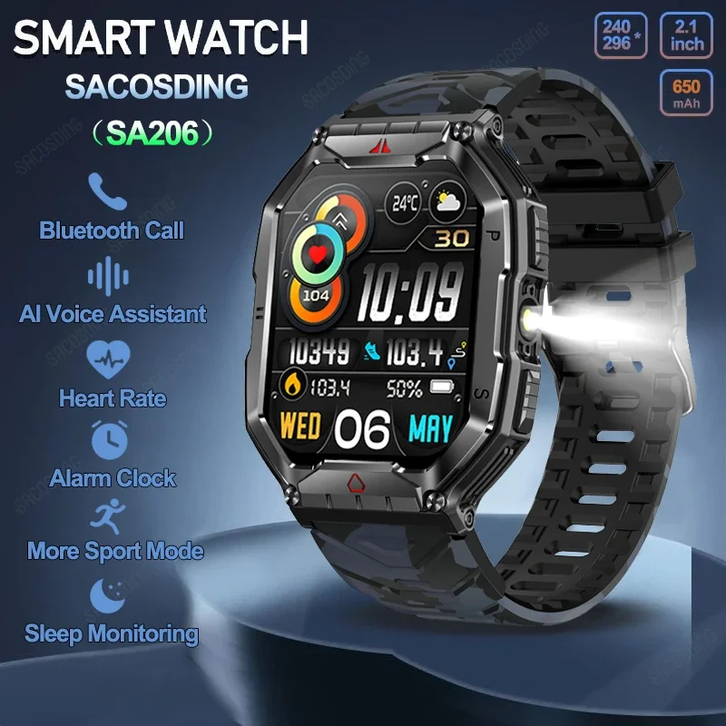 Уличные военные Смарт-часы с AMOLED-экраном светодиодный фонарик Bluetooth-вызов