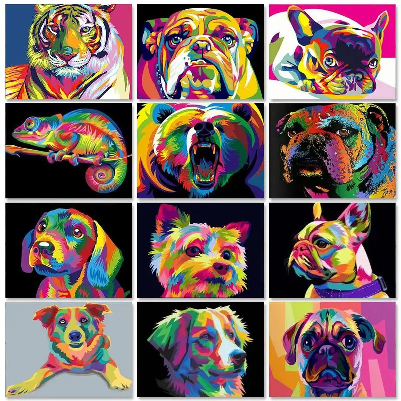 

RUOPOTY Frame Diy Painting By Numbers Kits Colorful Dogs Handpainted On Canvas Animals Painting With Number For Diy Gift 60x75cm