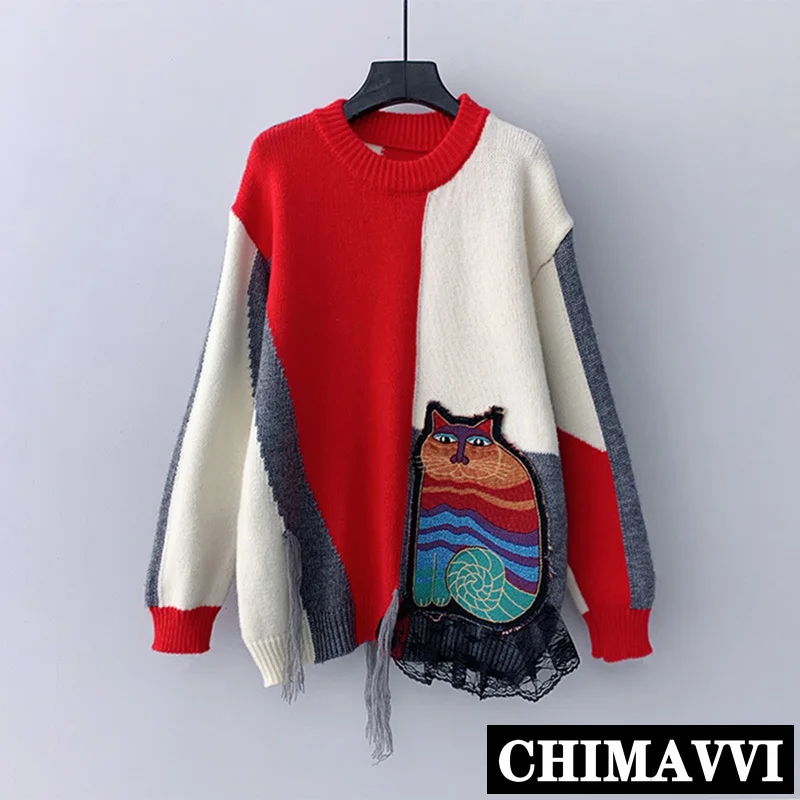 2020 Autumn Fashion Women Long Sleeve Round Collar Tassel Hit Color Cat Patchwork Pullover Knit Sweater Casual Knitwear
2020 Autumn Fashion Women Long Sleeve Round Collar Tassel Hit Color Cat Patchwork Pullover Knit Sweater Casual Knitwear