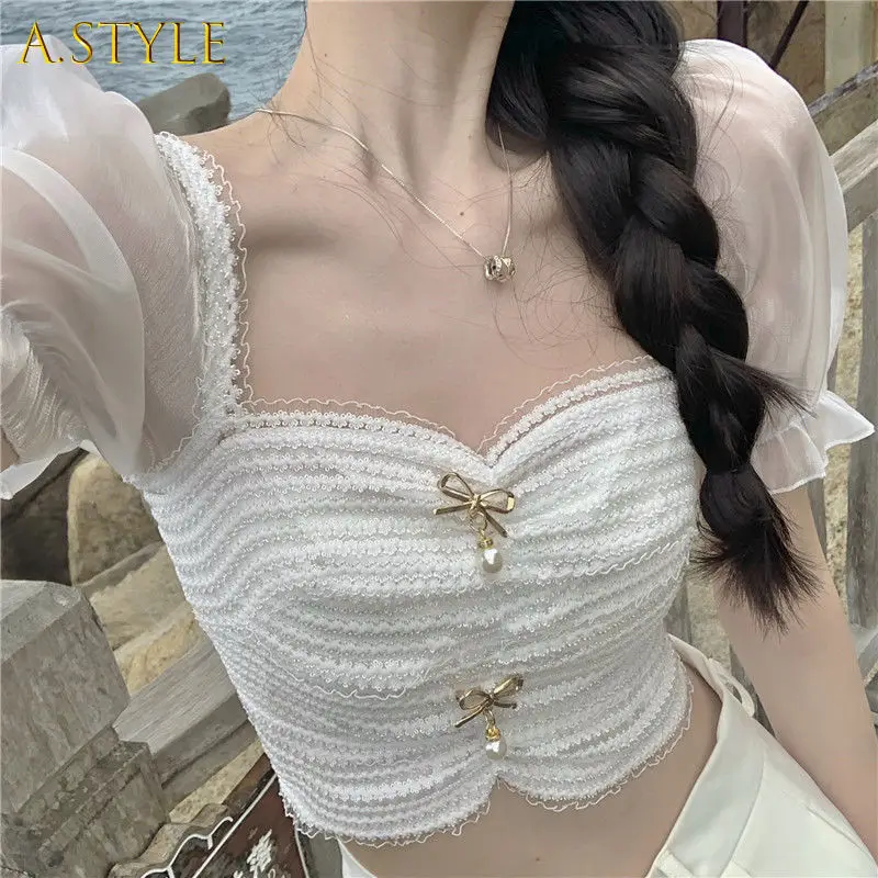 A GIRLS Blouse Women Crop Top Sexy White Patchwork Elegant Summer Holiday Korean Female Thin Square Slim Girl Clothing Chic
A GIRLS Blouse Women Crop Top Sexy White Patchwork Elegant Summer Holiday Korean Female Thin Square Slim Girl Clothing Chic