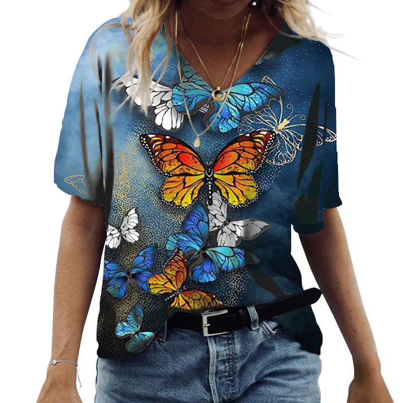 Women Casual Summer T-Shirts Clothing For Oversized Loose Tops Ladies Fashion 3D Butterfly Print V-Neck Short Sleeve Tops 2022
Women Casual Summer T-Shirts Clothing For Oversized Loose Tops Ladies Fashion 3D Butterfly Print V-Neck Short Sleeve Tops 2022